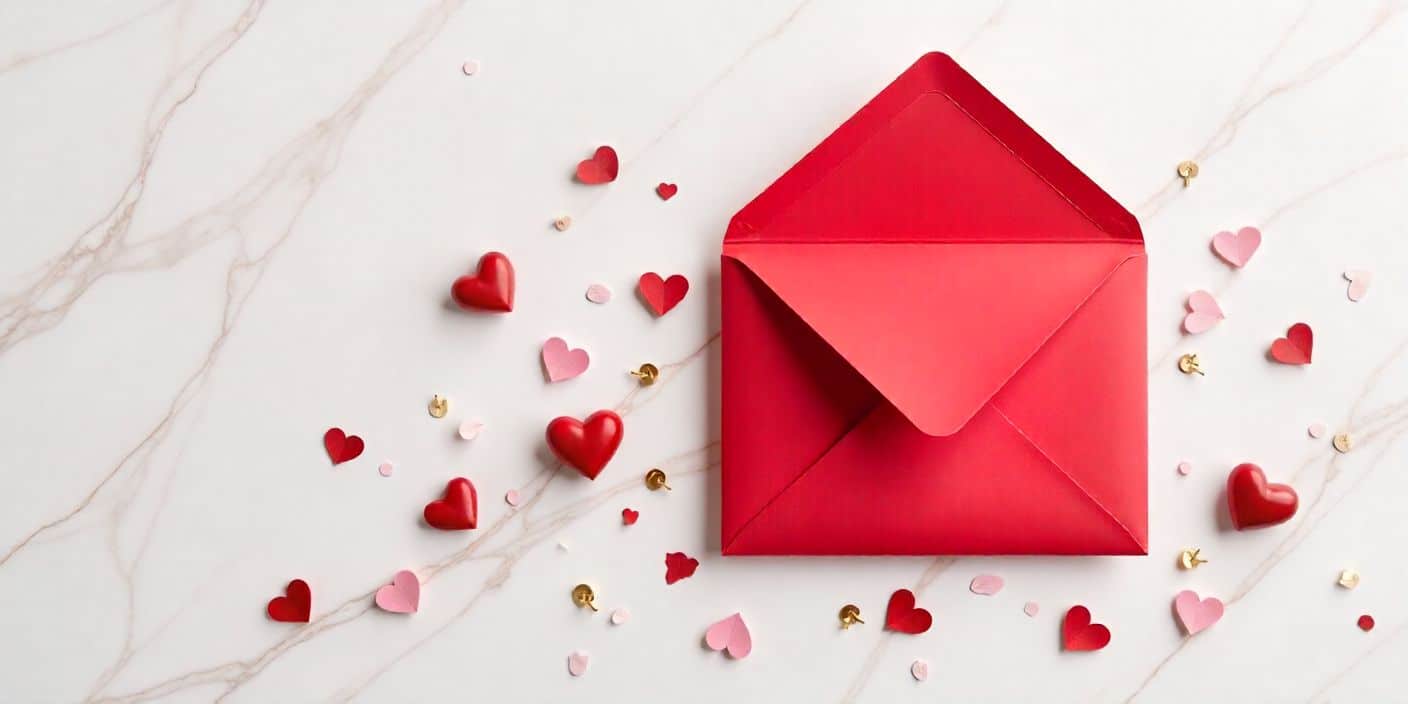 Valentine’s Day card and envelope with hearts, symbolizing appreciation and reply messages.