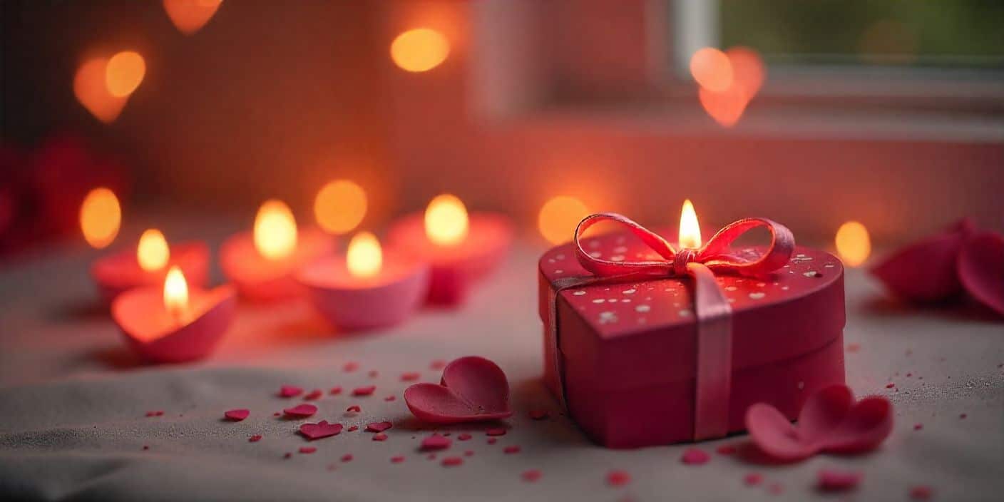 Heart candles and gift symbolizing self-love on Valentine’s Day.