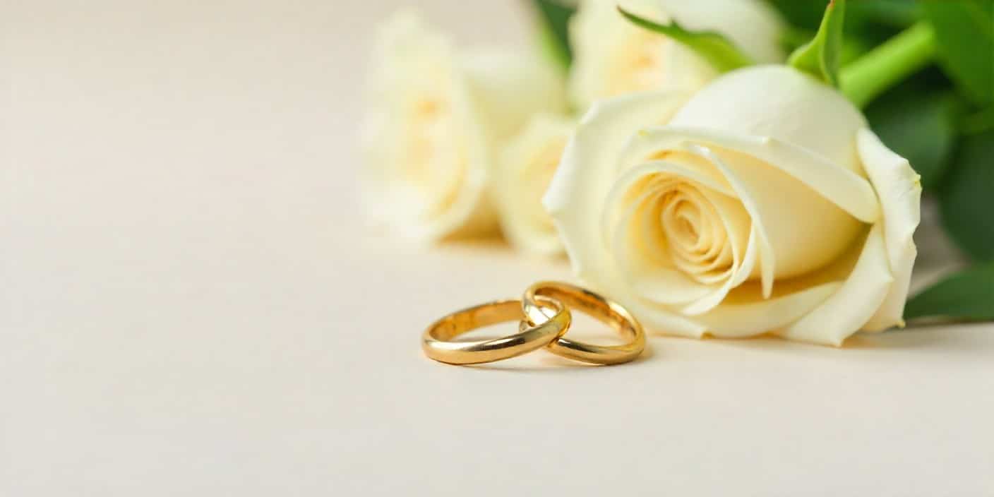 Gold wedding rings and roses symbolizing parents’ lasting love on anniversary.