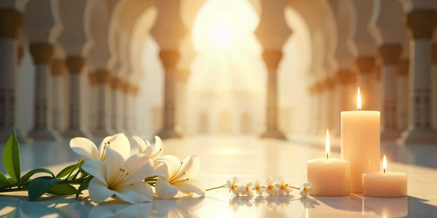 Islamic condolence background with Arabic calligraphy and white flowers.