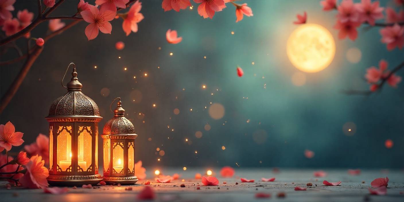 Romantic Islamic lantern and moonlight background for love messages.