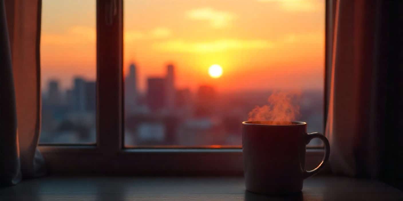 Sunrise and coffee by the window symbolizing long-distance good morning connection.