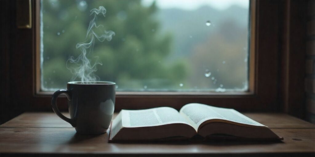 60+ Meaningful Missing You Messages for Him Coffee and rain scene showing loneliness and missing someone.