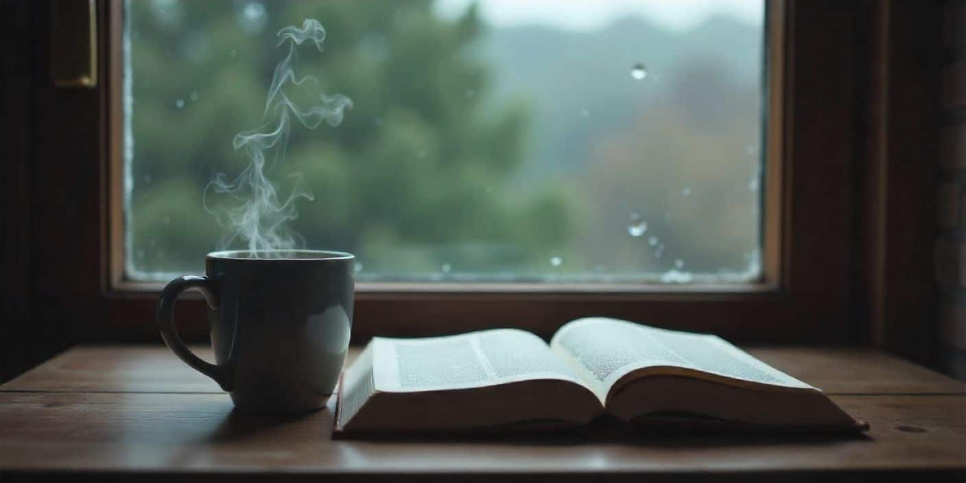 Coffee and rain scene showing loneliness and missing someone.