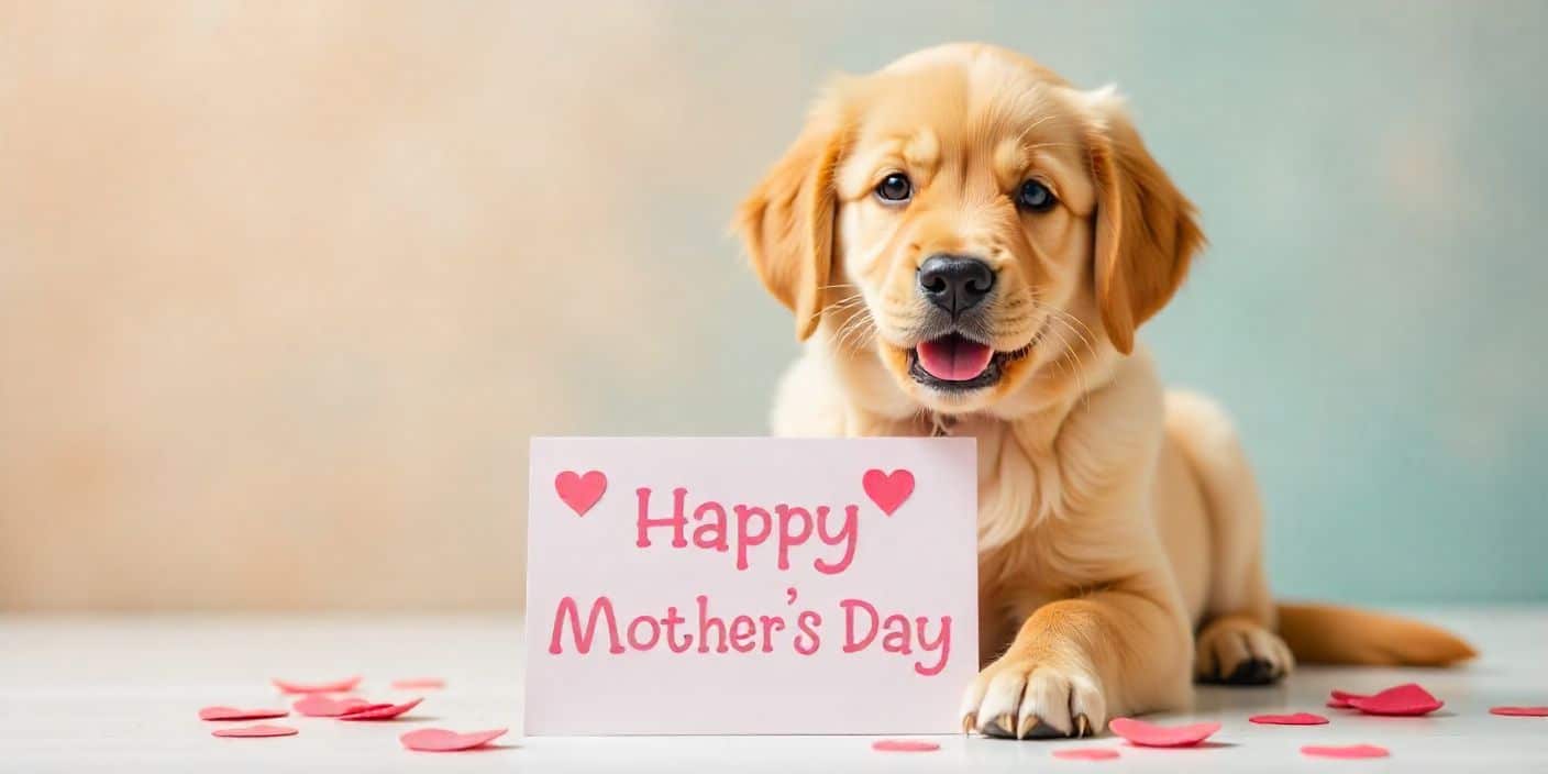 Cute dog with Happy Mother’s Day card and heart decorations.