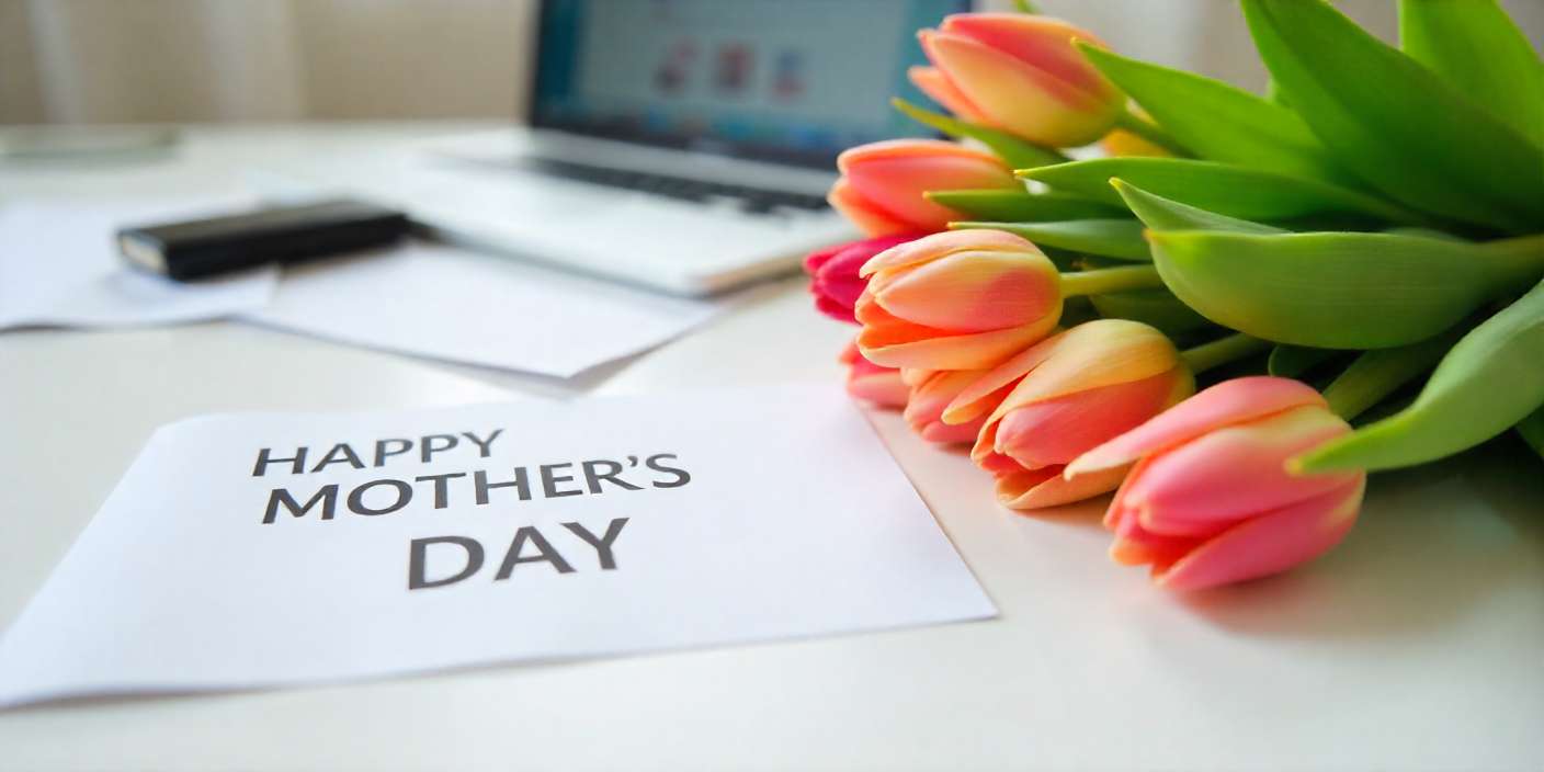 Mother’s Day card and flowers on an office desk beside a laptop.