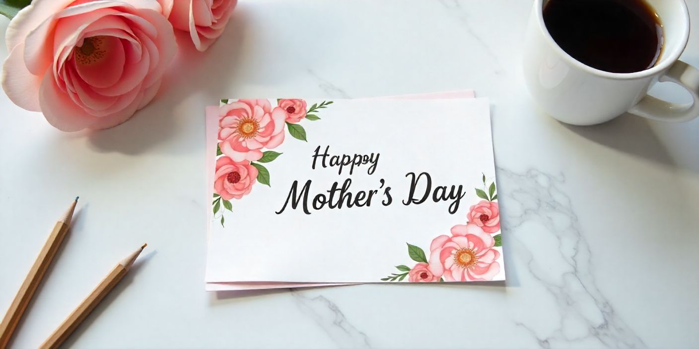 Elegant Mother’s Day card on a marble desk with flowers and coffee cup.