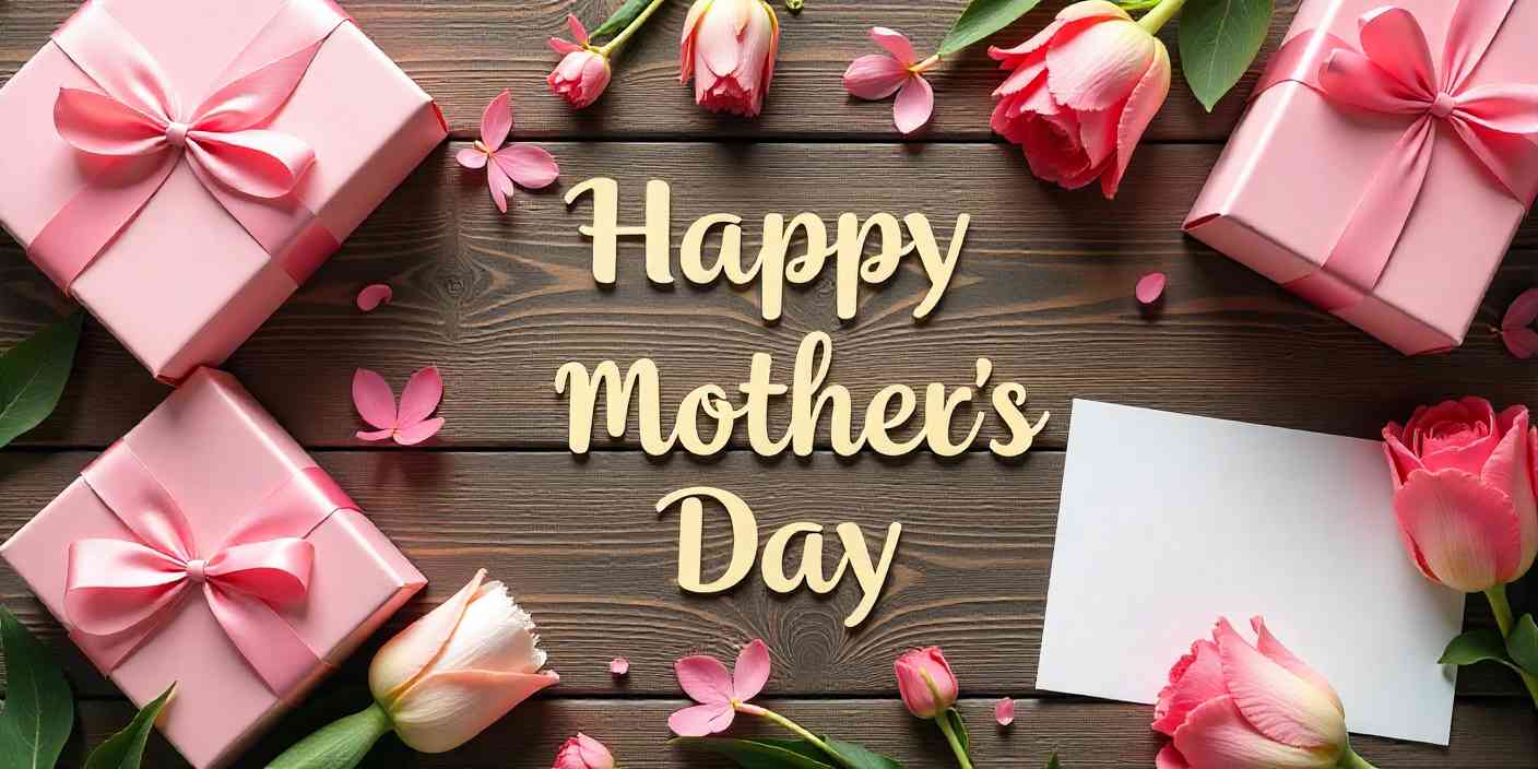 Mother’s Day greeting setup with gifts, cards, and flowers, perfect for sharing messages with loved ones.