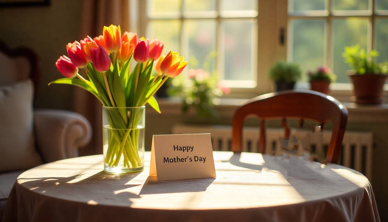Mother’s Day card for grandma with flowers and family photo on cozy table.