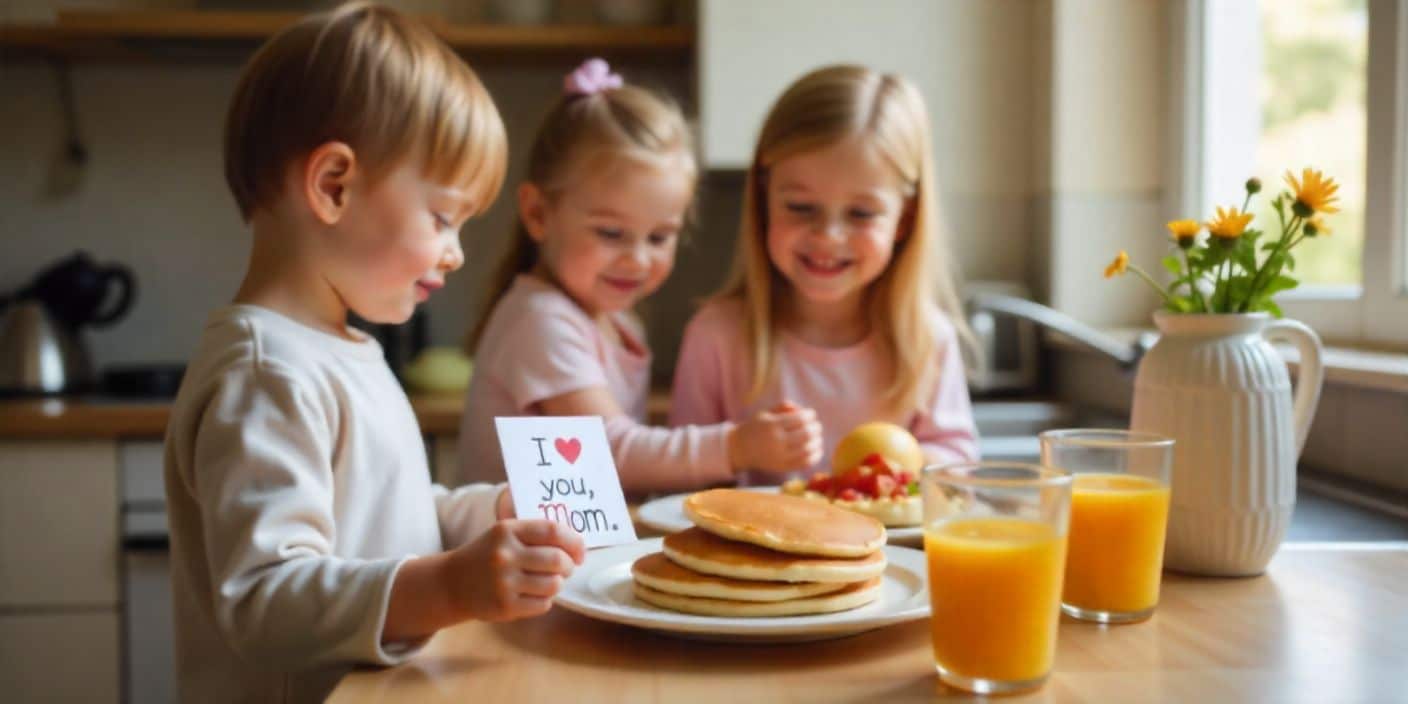 Children making breakfast surprise for their mother on Mother’s Day.