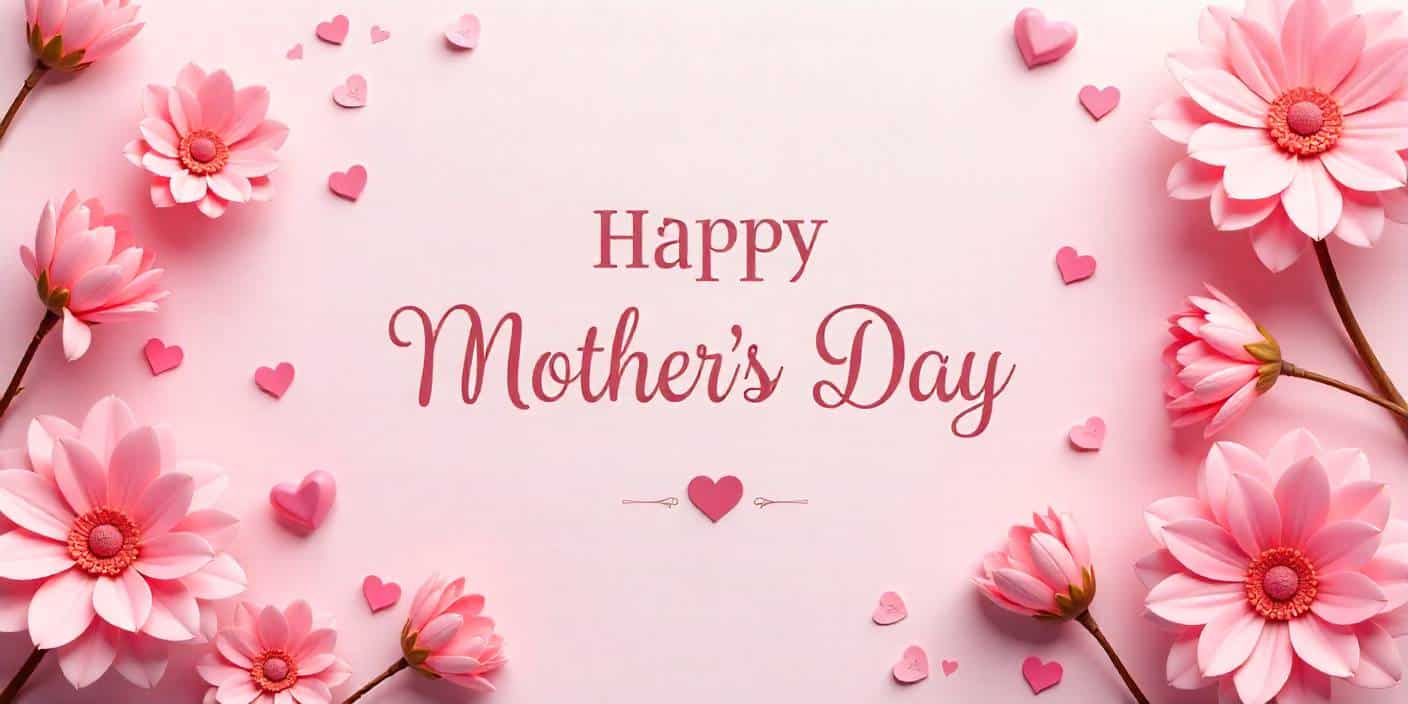 Mother’s Day background with pink flowers and heart decoration.