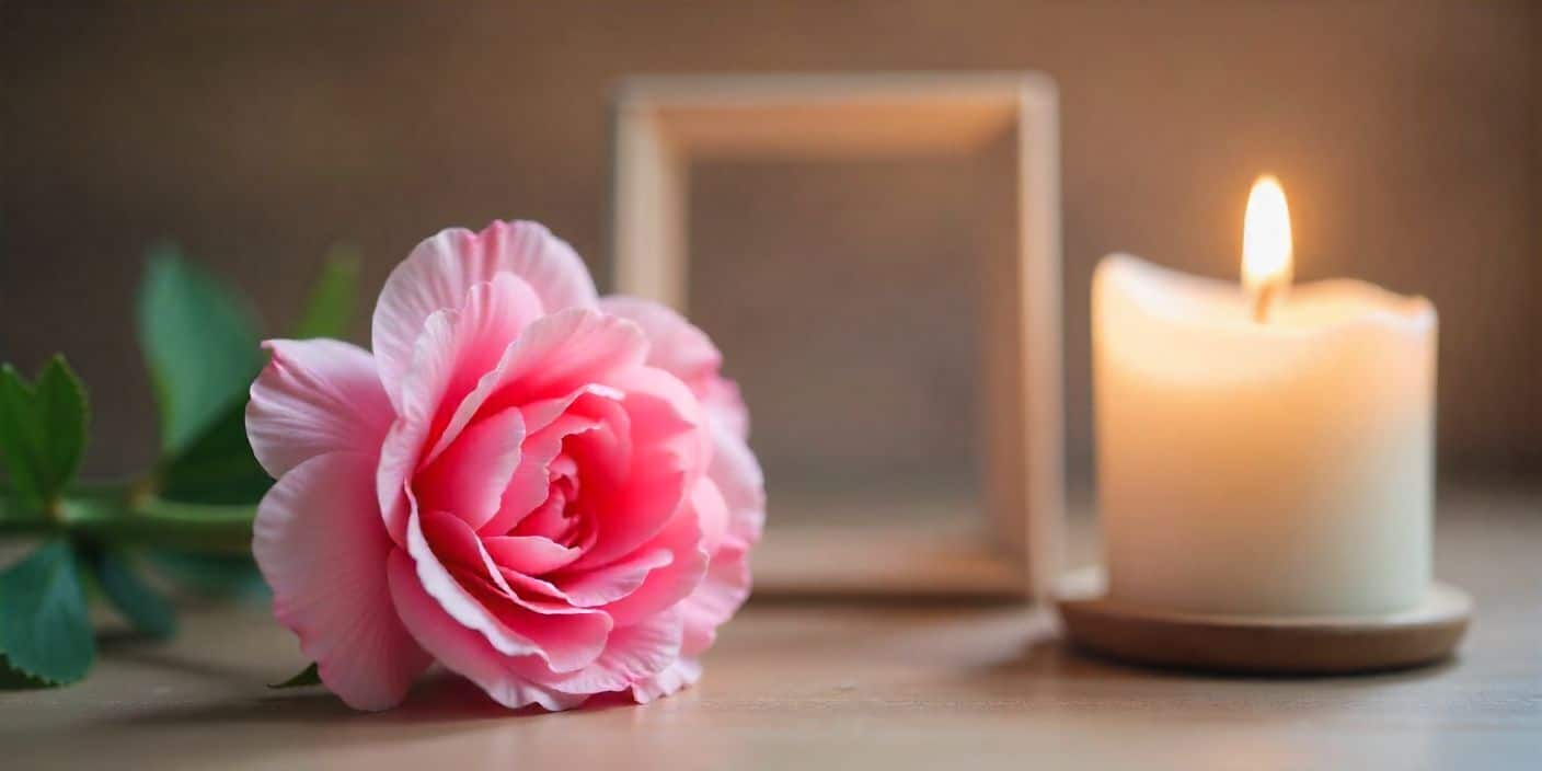 Pink carnation with candle and photo frame honoring a mother’s memory on Mother’s Day.