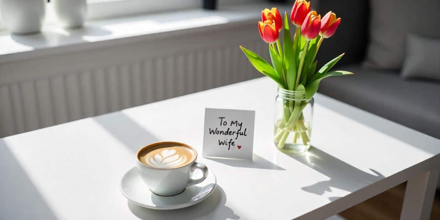 Mother’s Day breakfast scene with note and flowers from husband to wife.