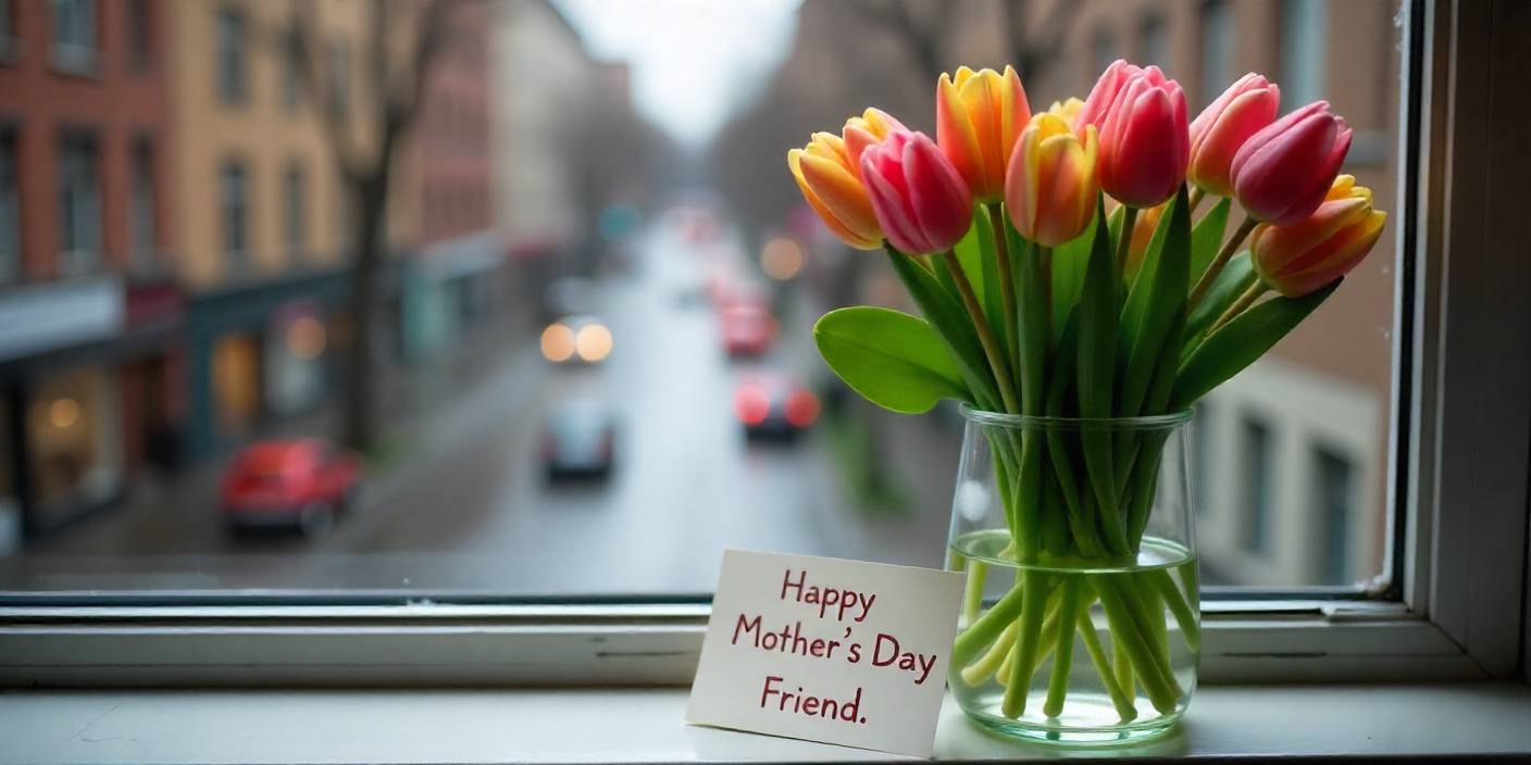 Bright tulip bouquet with card expressing Mother’s Day wishes for a friend.