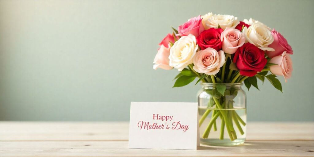 65+ Heartfelt Mother’s Day Thank You Messages Thank-you card and flower bouquet expressing Mother’s Day appreciation.