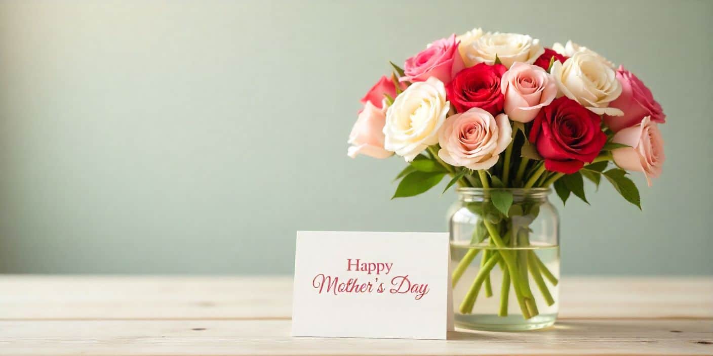 Thank-you card and flower bouquet expressing Mother’s Day appreciation.