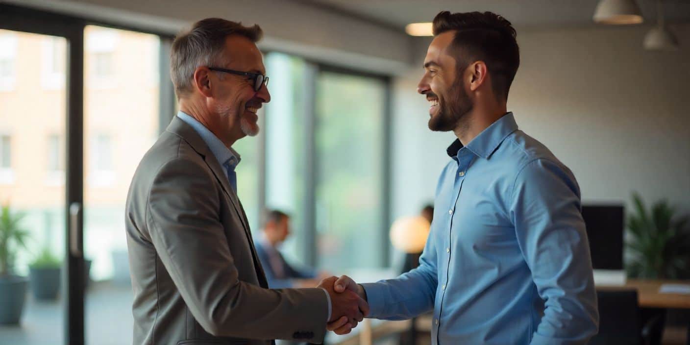 Friendly business handshake between two men representing a “Nice to meet you” message in a professional setting.