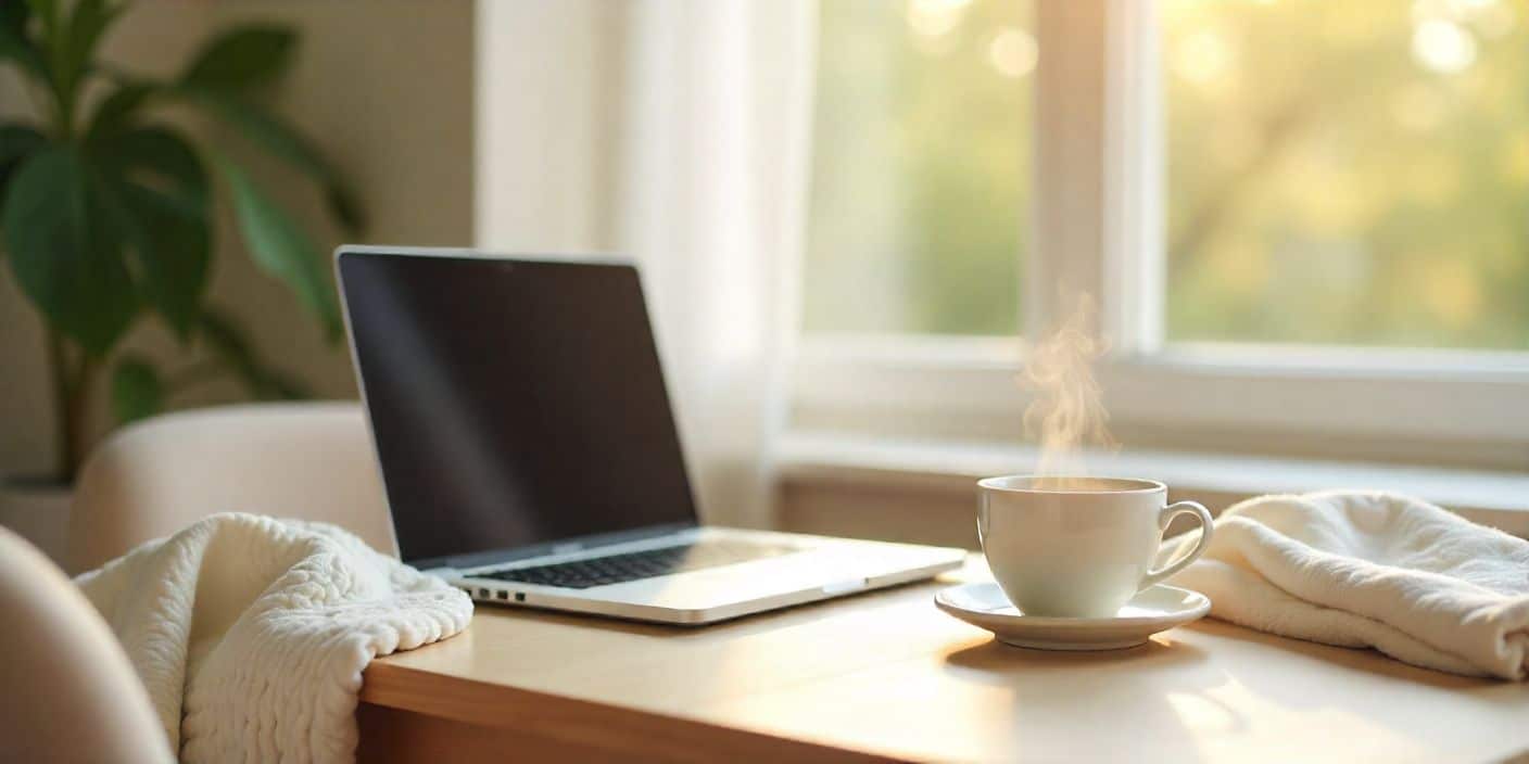 Minimalist home office setup with blanket and tea, symbolizing sick leave rest.