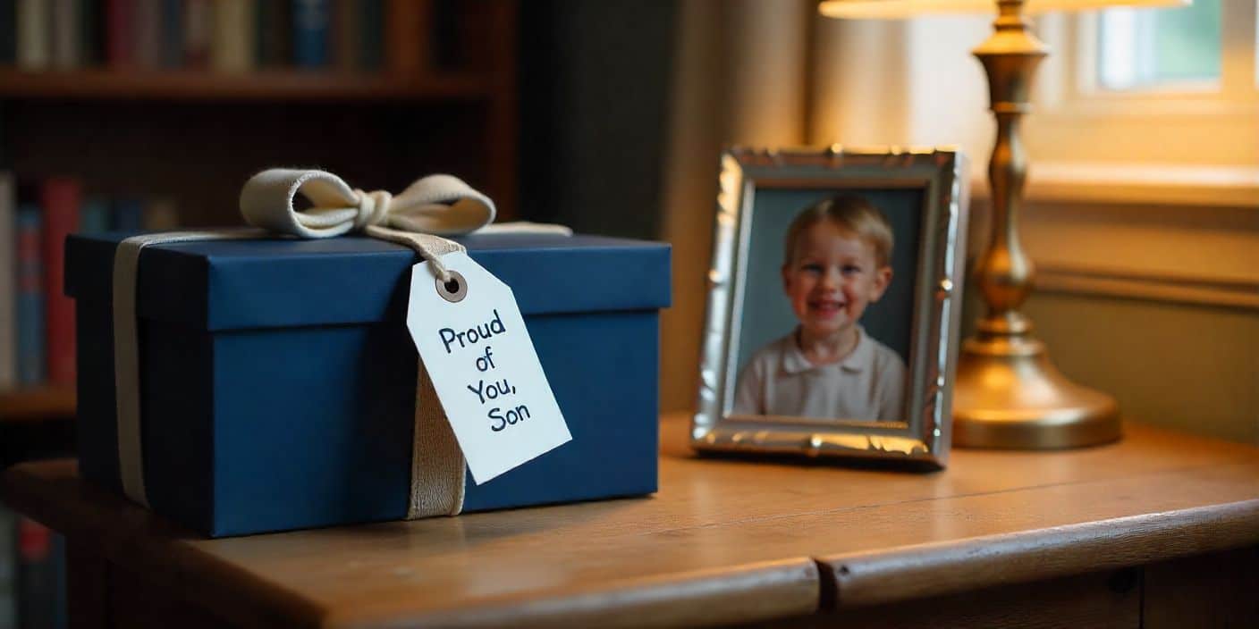 Proud mom message gift box with son’s photo on wooden table.