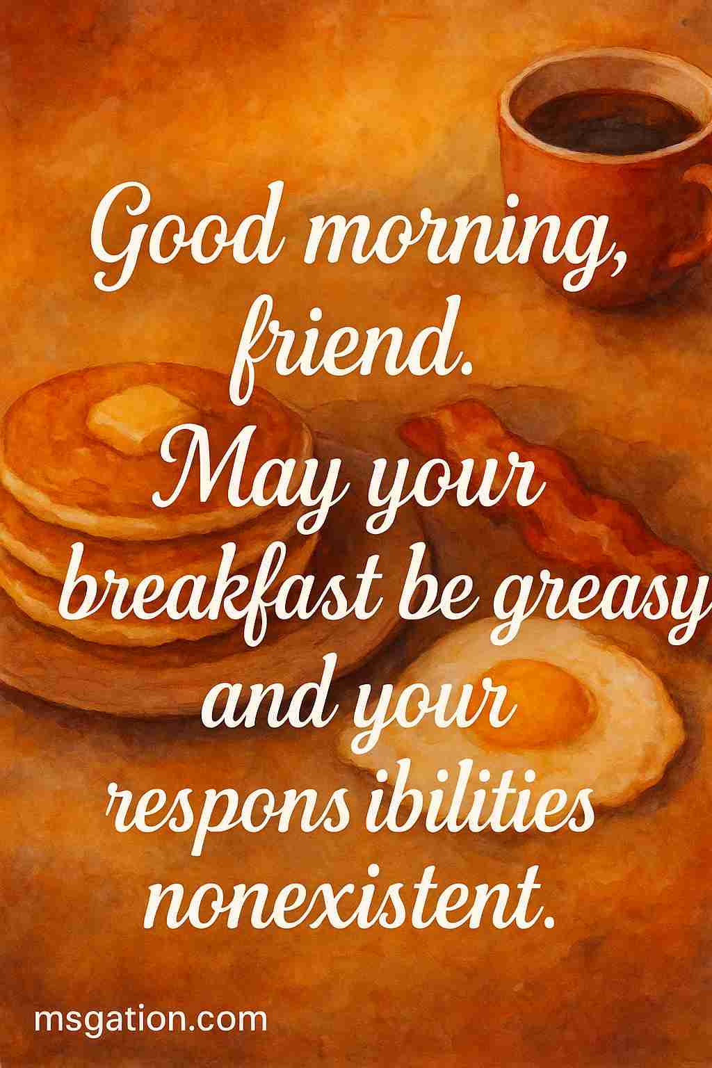 Good morning, friend. May your breakfast be greasy and your responsibilities nonexistent.