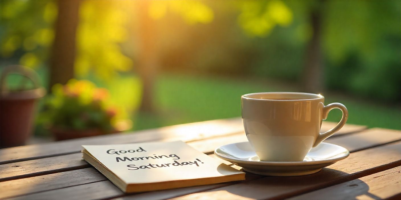 Saturday morning coffee with good morning note on balcony overlooking nature.