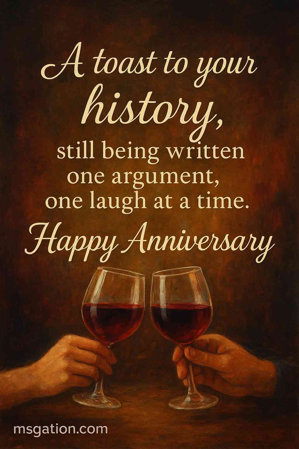 A toast to your history, still being written one argument, one laugh at a time. Happy Anniversary.