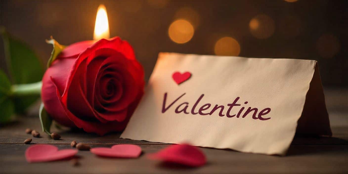 Romantic Valentine card with rose and candlelight on wooden table.
