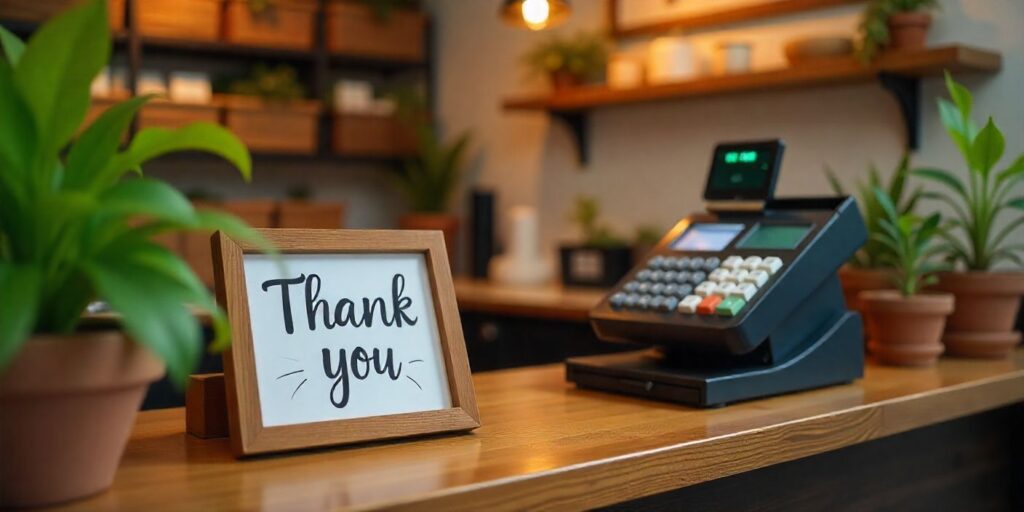55+ Small Business Thank You Messages to Customers Store counter with handwritten thank-you note for customers.