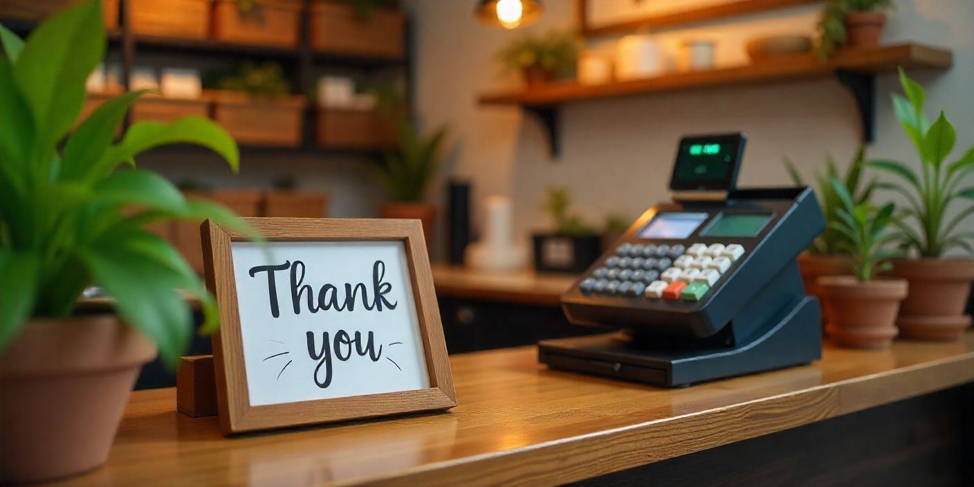 Store counter with handwritten thank-you note for customers.