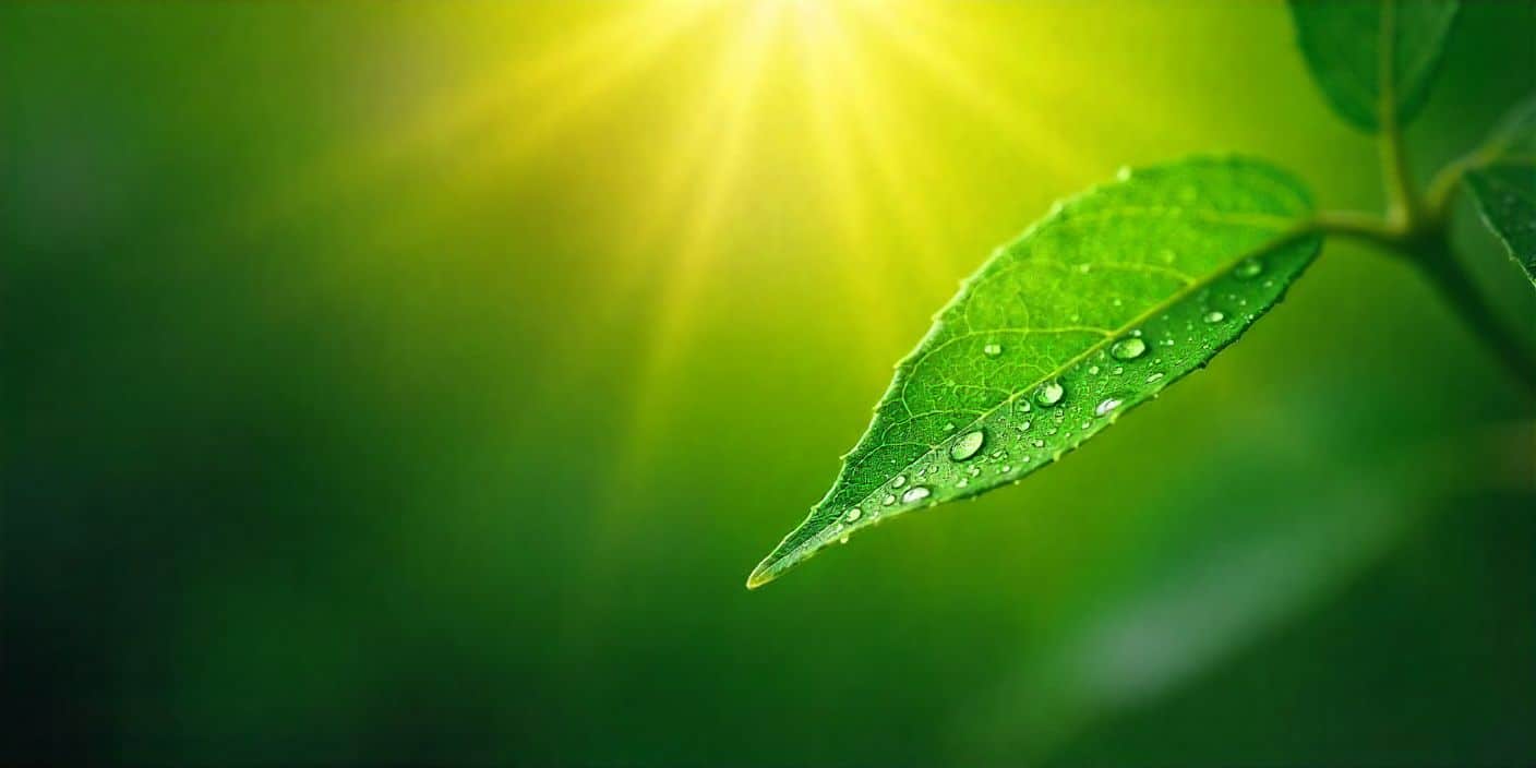 Fresh green leaves with morning dew for peaceful take care message.