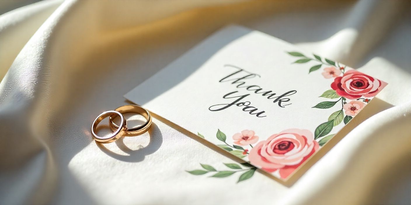 Floral wedding thank you card with rings on silk fabric.