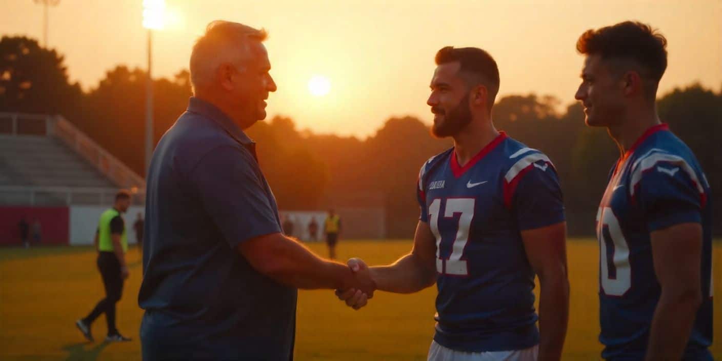 Coach thanking his football players on the field after a game at sunset.