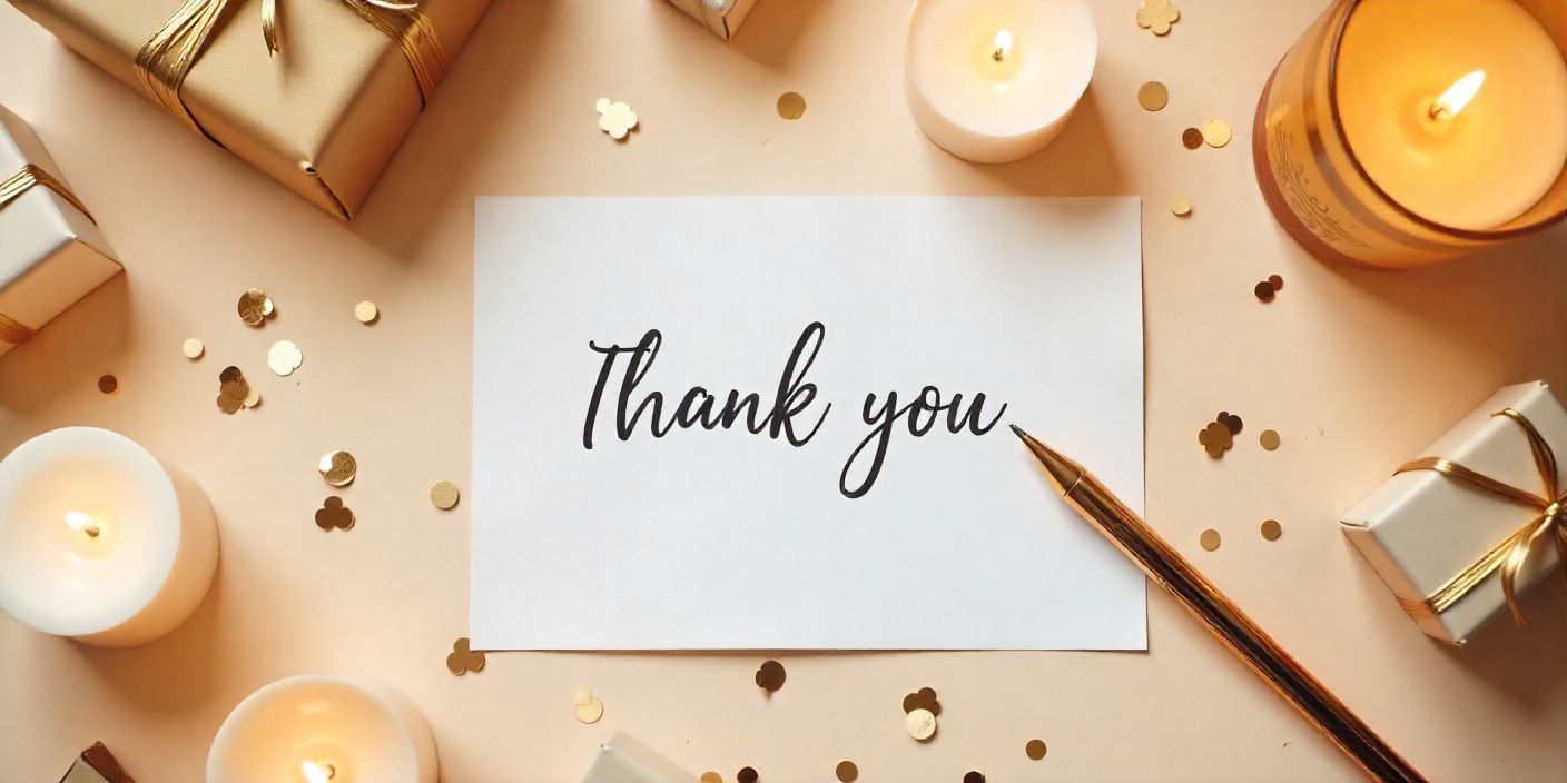 Elegant thank-you card and candles expressing gratitude for anniversary wishes.