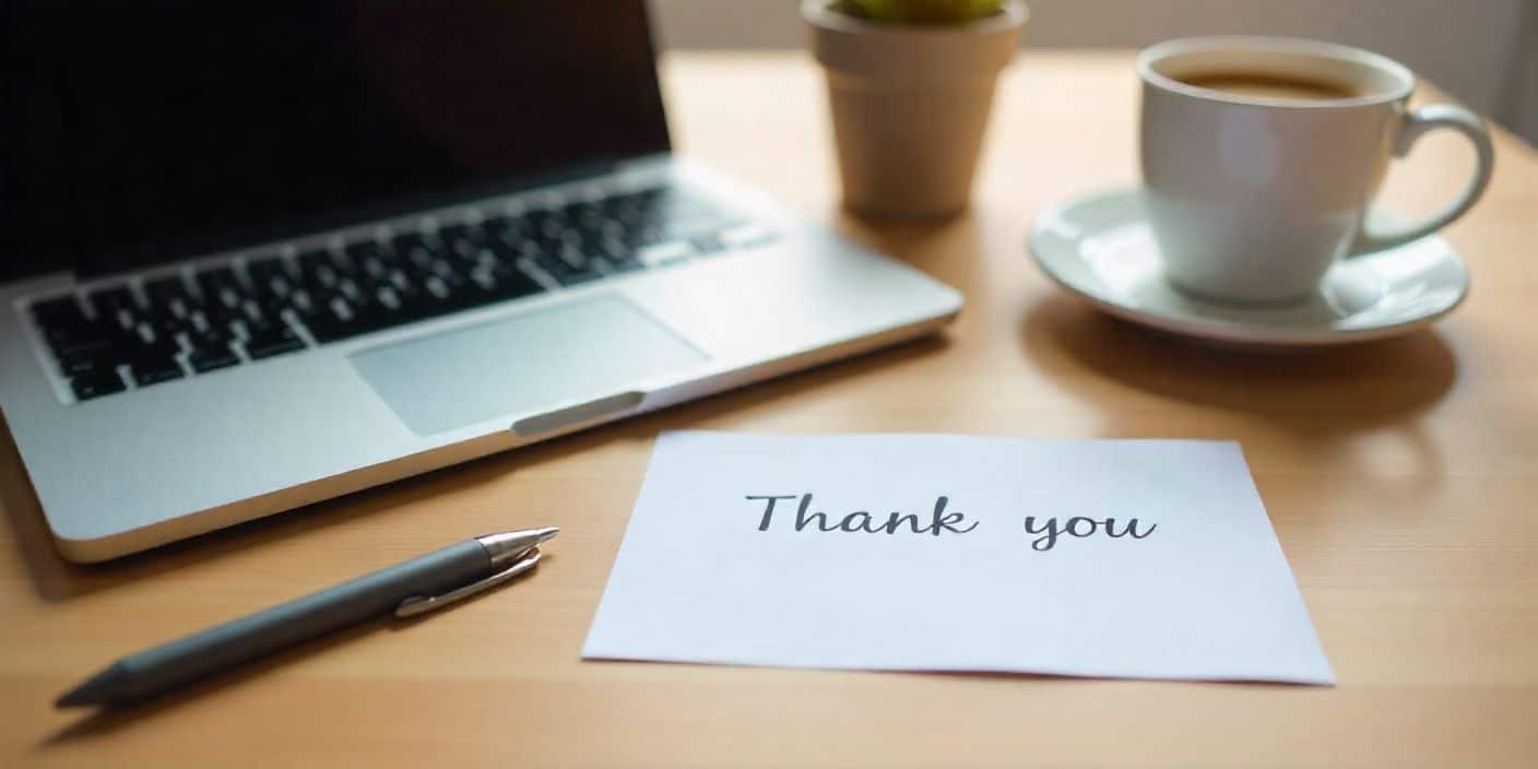 Professional thank-you card on office desk symbolizing appreciation for clients.