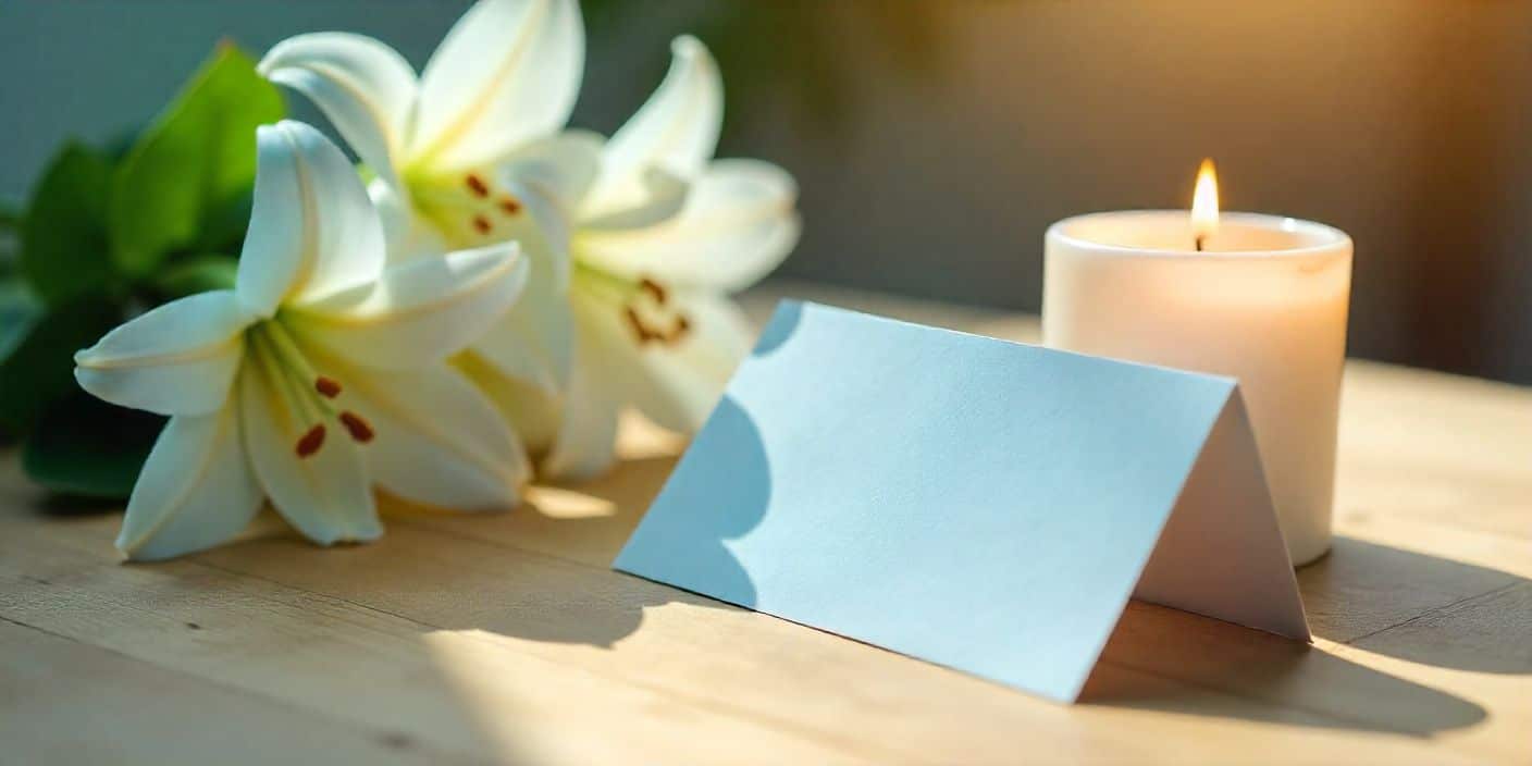 Sympathy thank you card with white lilies and candle on table.