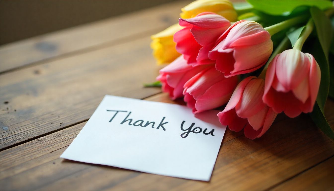 Flowers with handwritten thank-you note for appreciation messages.