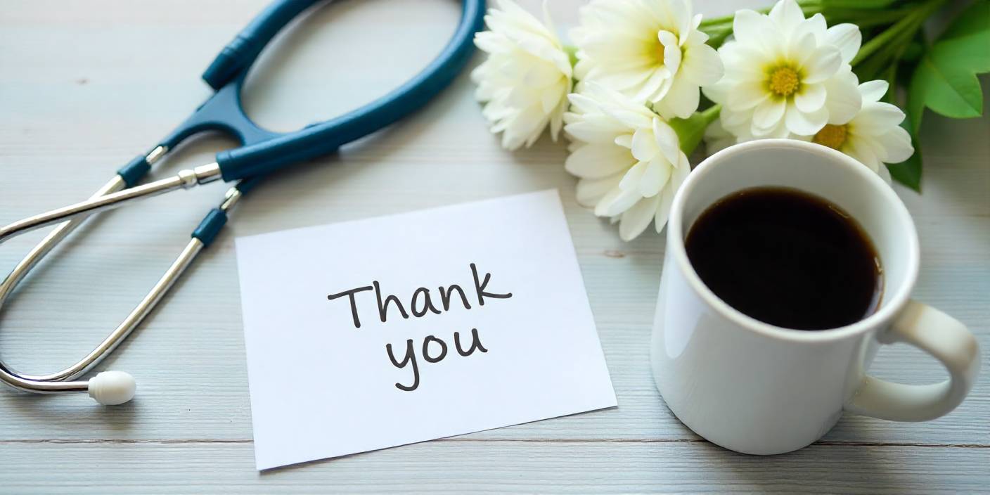 Thank-you card with stethoscope and flowers expressing appreciation to a doctor.