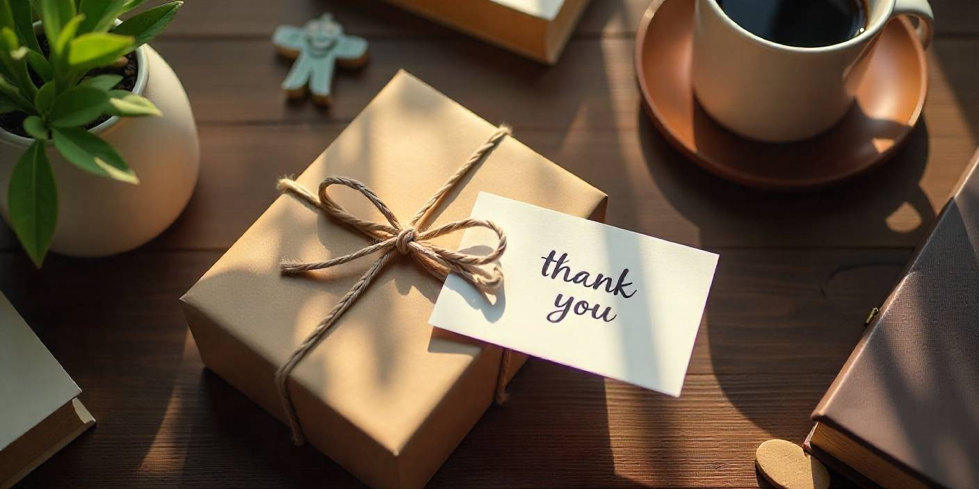 Thank-you gift box with handwritten card expressing gratitude for a friend’s thoughtful present.