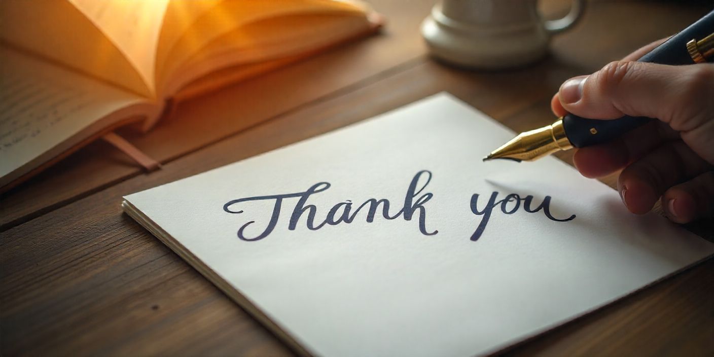Elegant thank-you note setup for mentor with notebook and pen on wooden table.