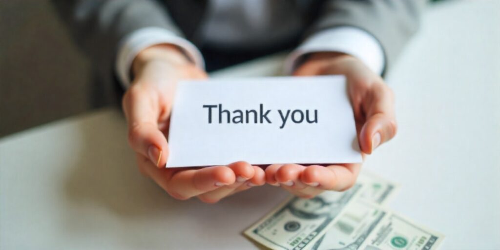70+ Sincere Thank You Messages for Money Hands holding a thank-you card with money in the background symbolizing appreciation for financial help.