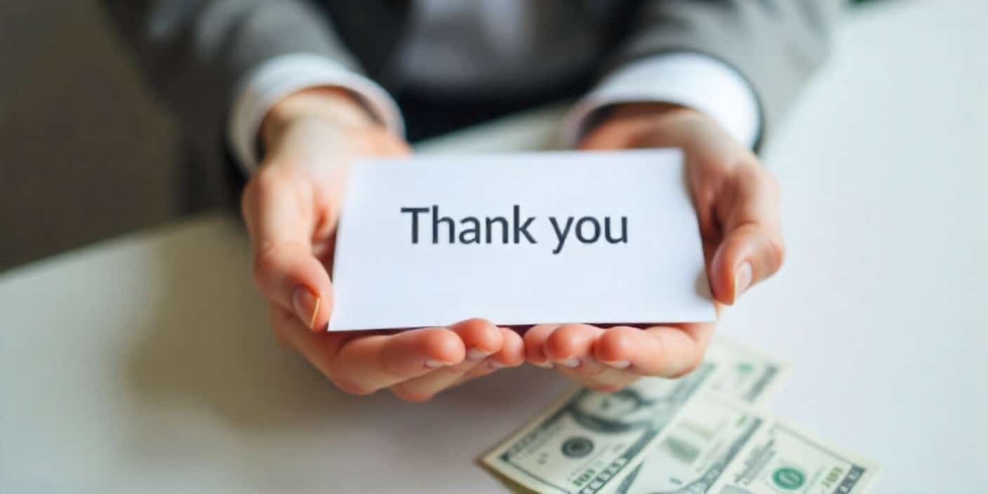 Hands holding a thank-you card with money in the background symbolizing appreciation for financial help.