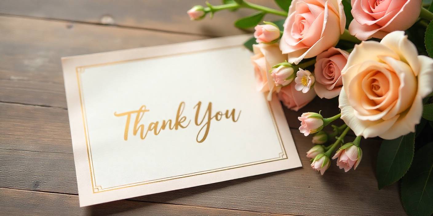 Elegant thank-you background with gold text and pastel flowers.
