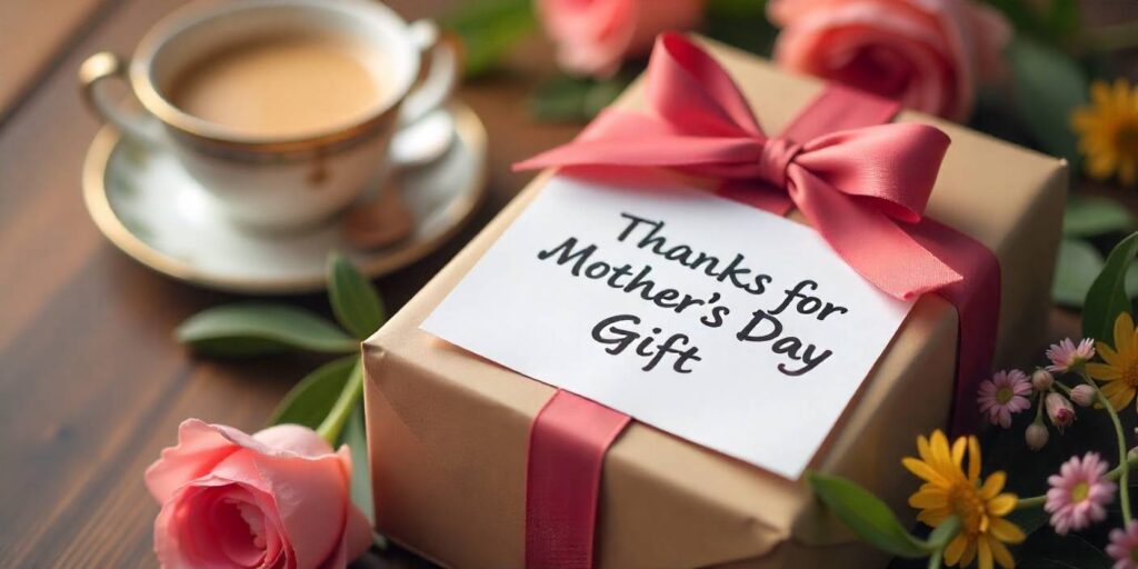 55+ Thank You Messages for Mother's Day Gift Mother’s Day thank-you note and gift box expressing appreciation for a thoughtful present.