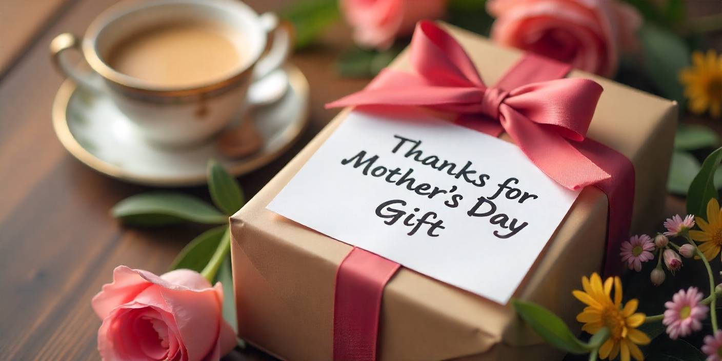 Mother’s Day thank-you note and gift box expressing appreciation for a thoughtful present.