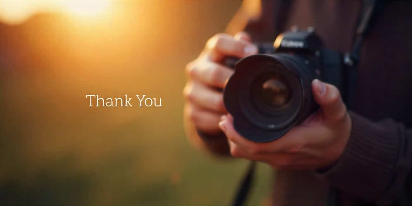 Photographer adjusting camera lens with thank-you message overlay.