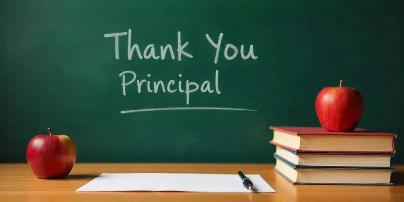 Thank-you note and books on school desk expressing gratitude to principal.