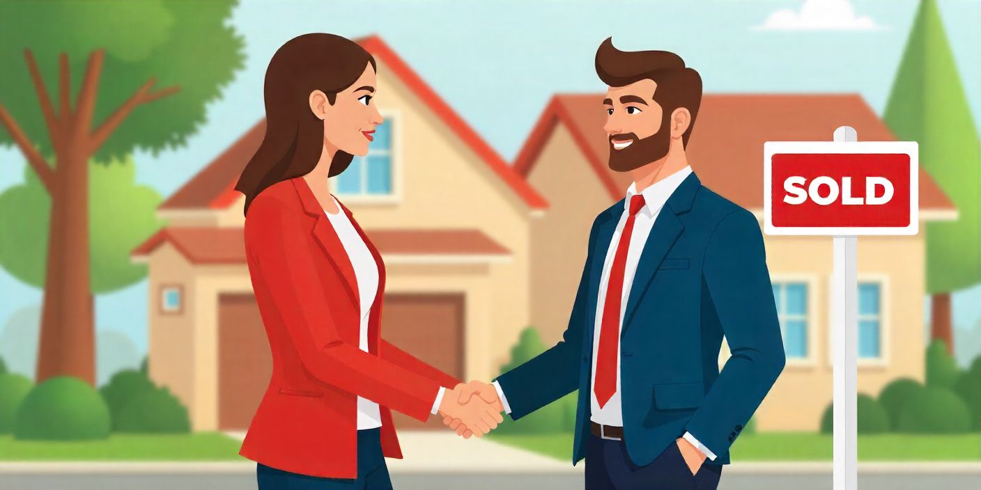 Male realtor shaking hands with client in front of sold house sign.
