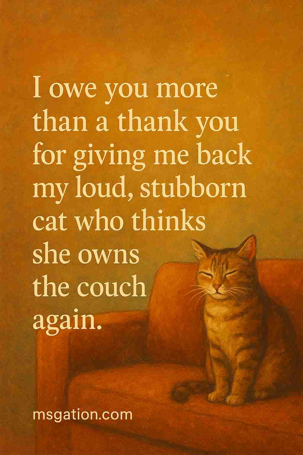 I owe you more than a thank you for giving me back my loud, stubborn cat who thinks she owns the couch again.