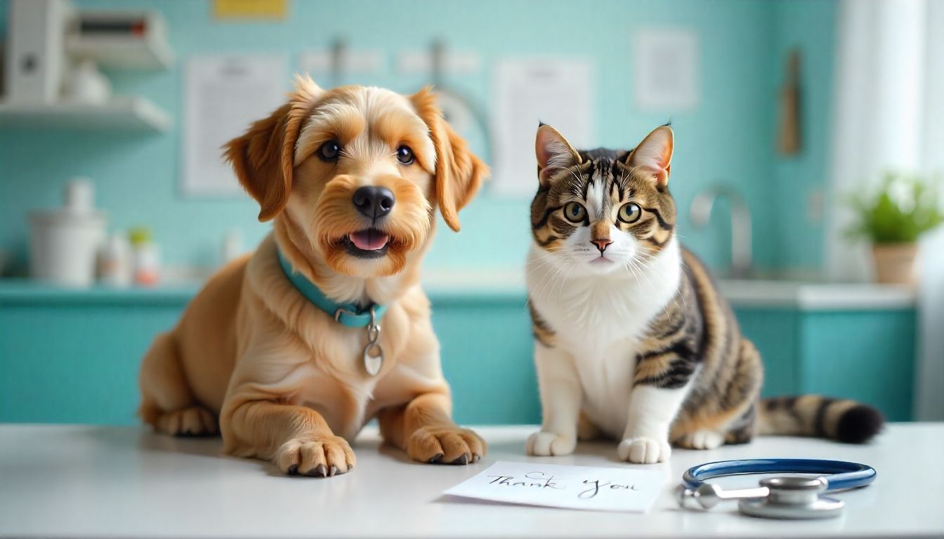 Veterinary clinic table with dog, cat, and thank-you card.