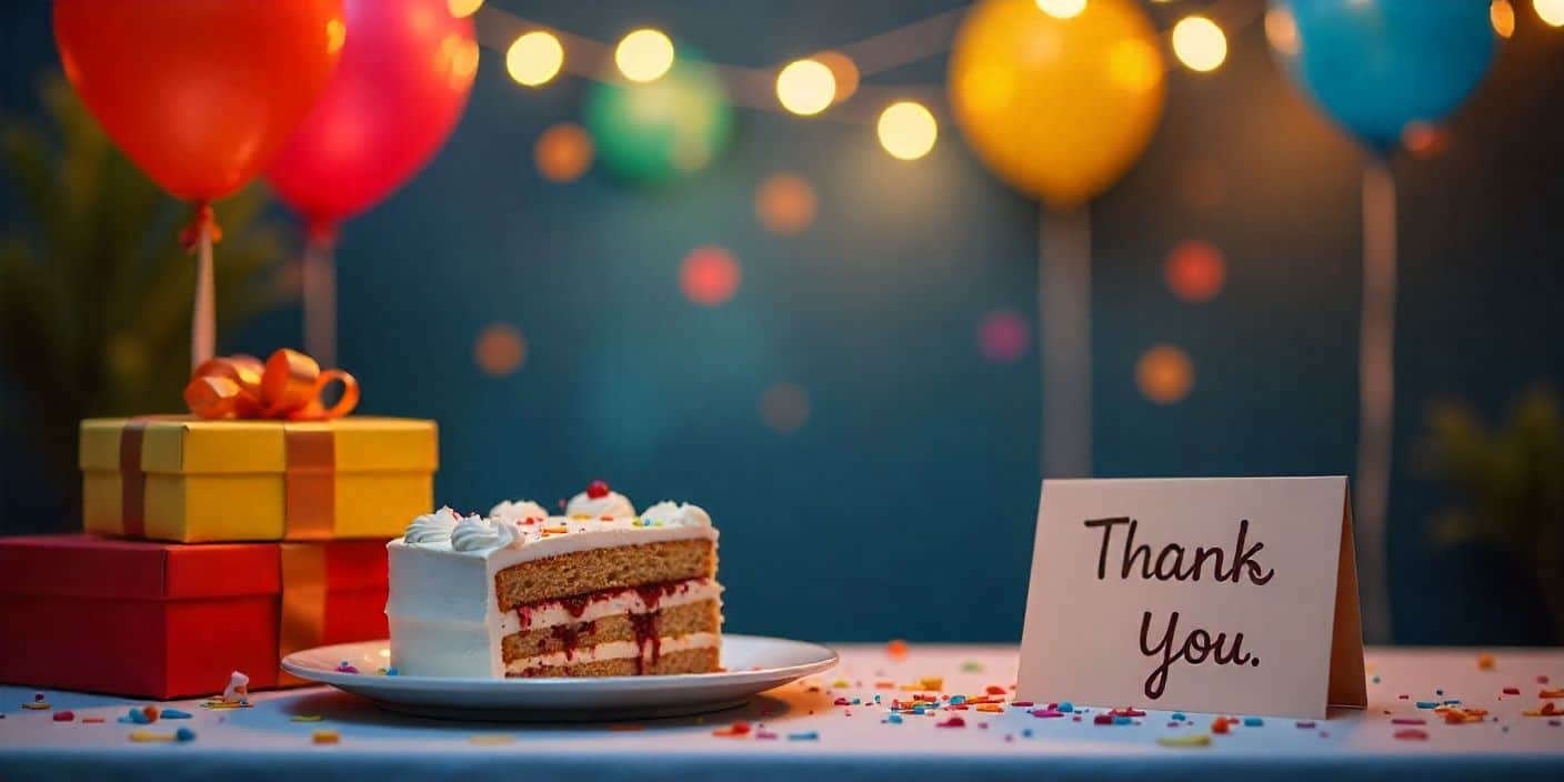 Festive thank-you card on party table with balloons, cake, and confetti.